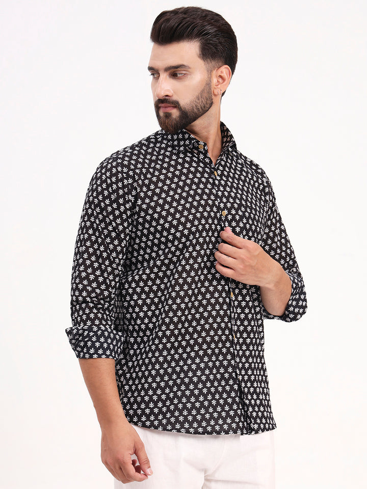 MILLENNIAL MEN Black Floral Printed Full Sleeves Shirt