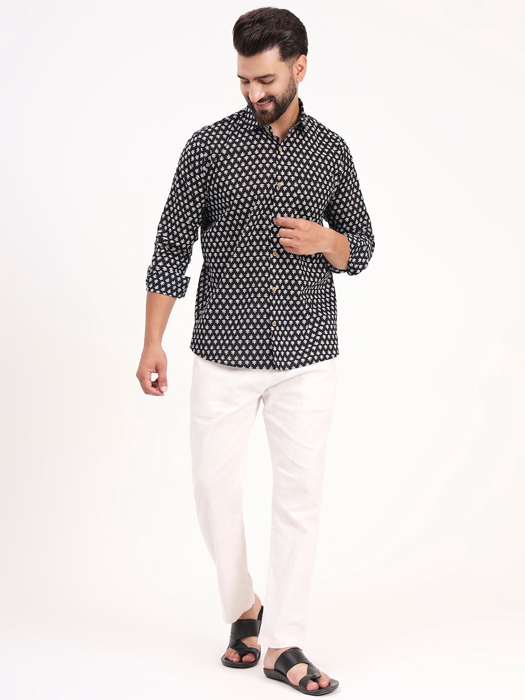MILLENNIAL MEN Black Floral Printed Full Sleeves Shirt