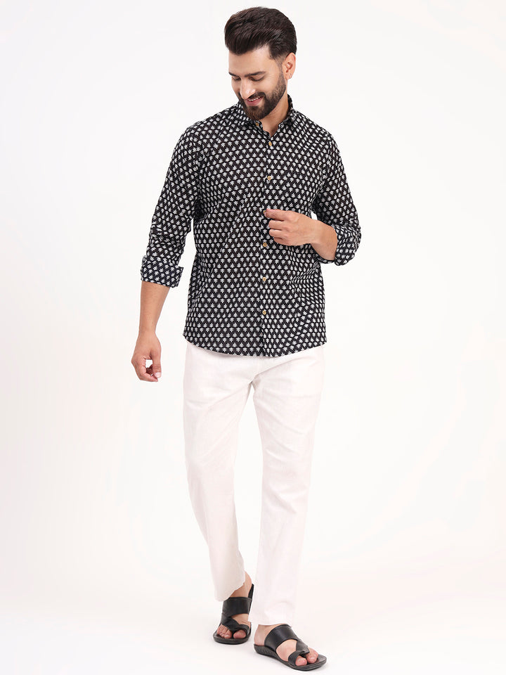 MILLENNIAL MEN Black Floral Printed Full Sleeves Shirt