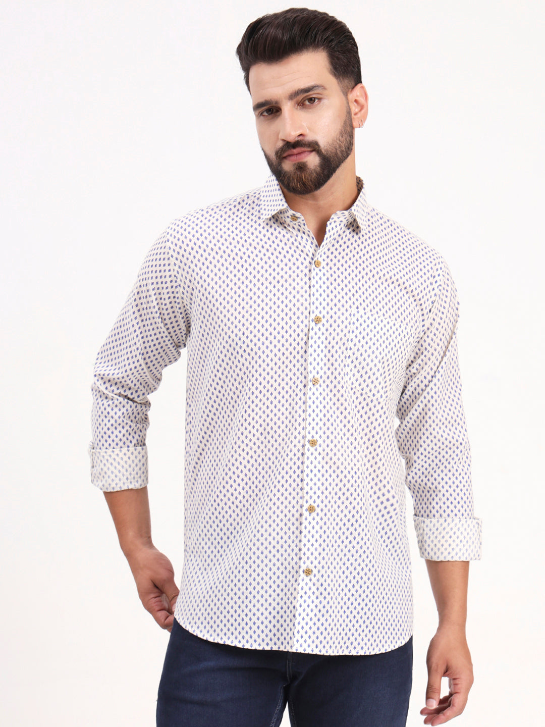 MILLENNIAL MEN White Floral Printed Full Sleeves Shirt