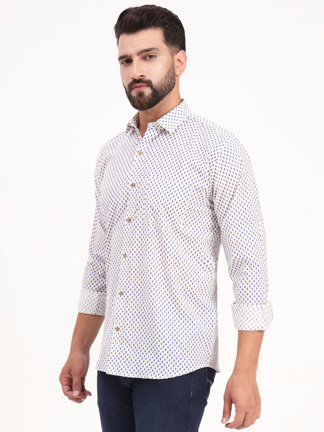 MILLENNIAL MEN White Floral Printed Full Sleeves Shirt