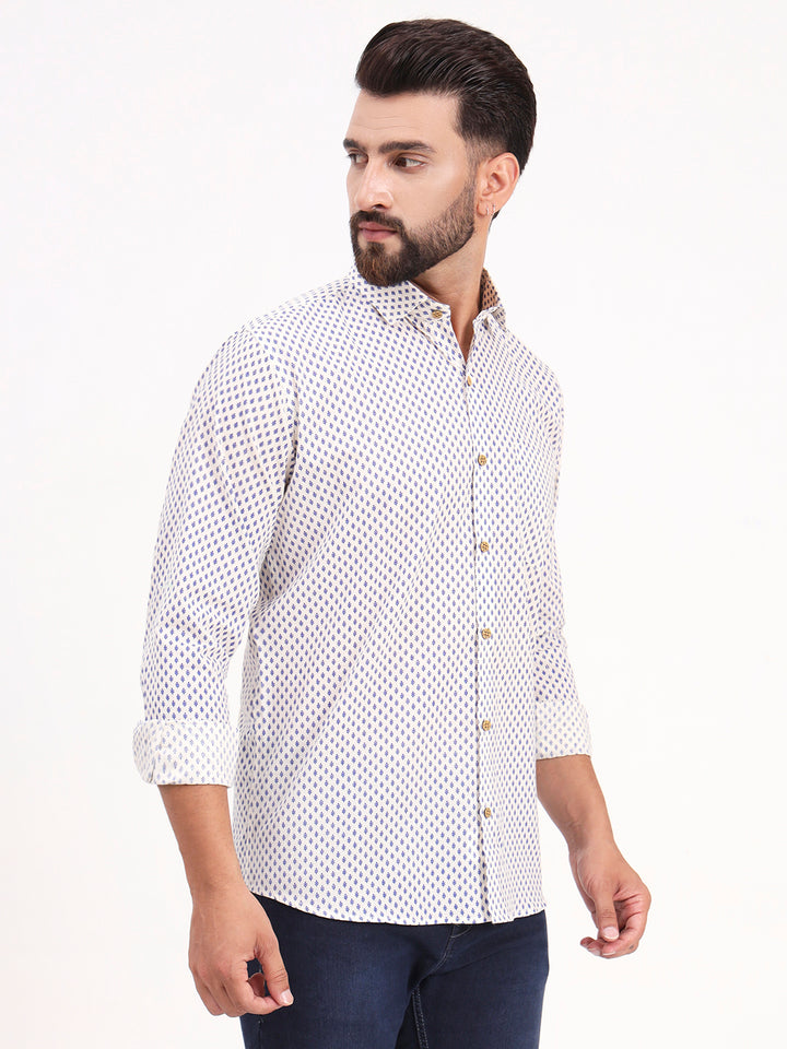 MILLENNIAL MEN White Floral Printed Full Sleeves Shirt