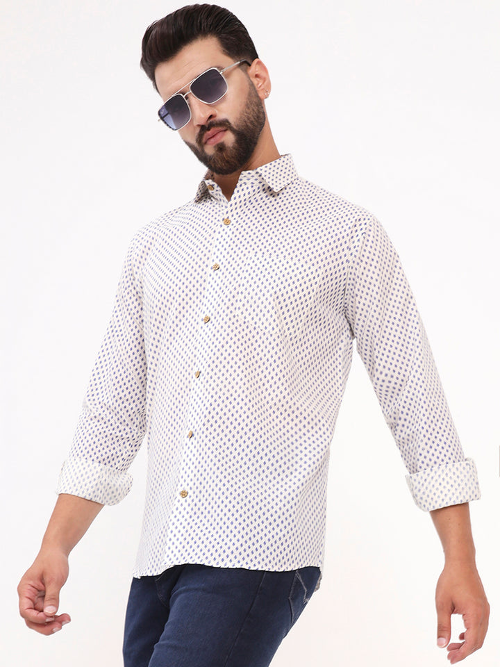 MILLENNIAL MEN White Floral Printed Full Sleeves Shirt