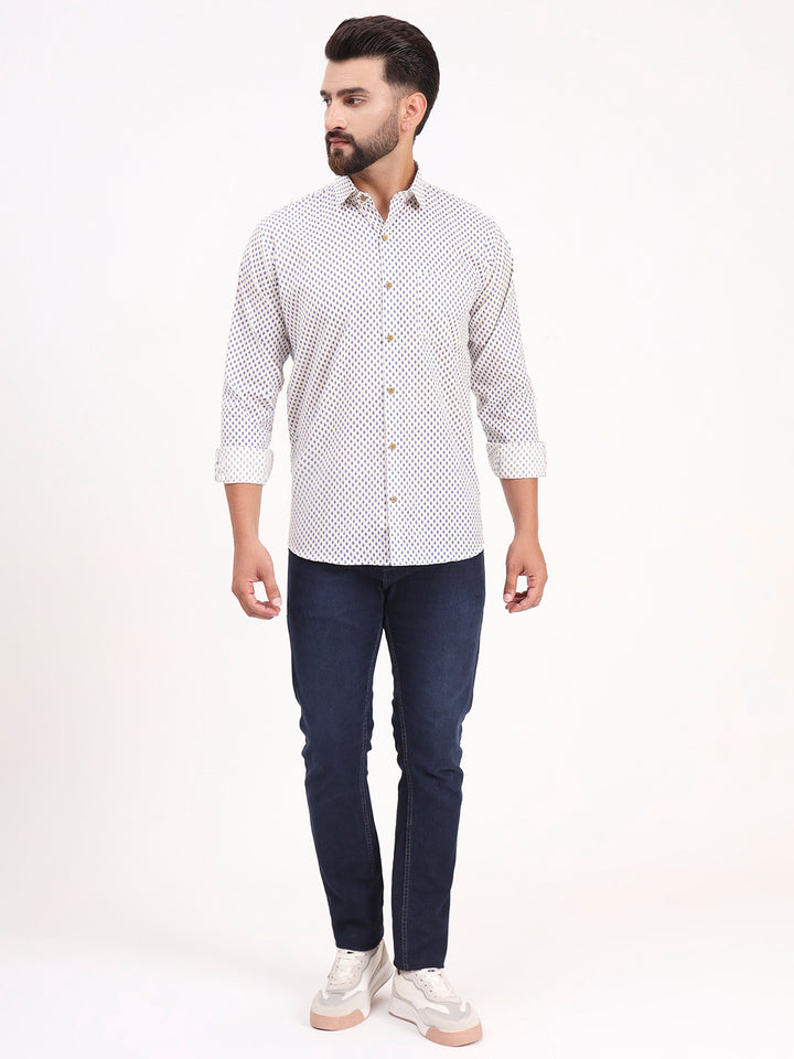 MILLENNIAL MEN White Floral Printed Full Sleeves Shirt