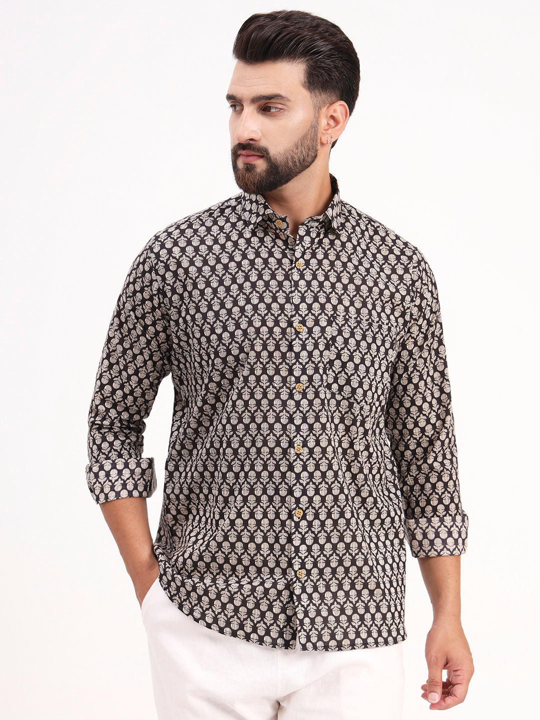 MILLENNIAL MEN Black Floral Printed Full Sleeves Shirt