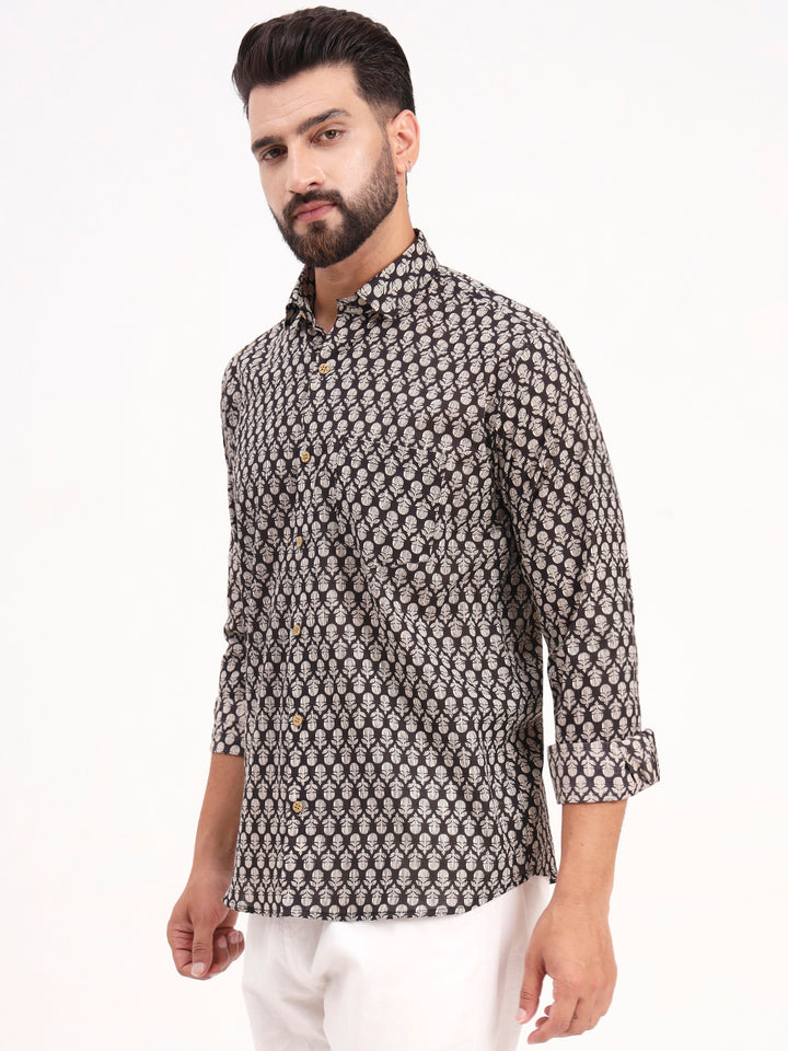MILLENNIAL MEN Black Floral Printed Full Sleeves Shirt