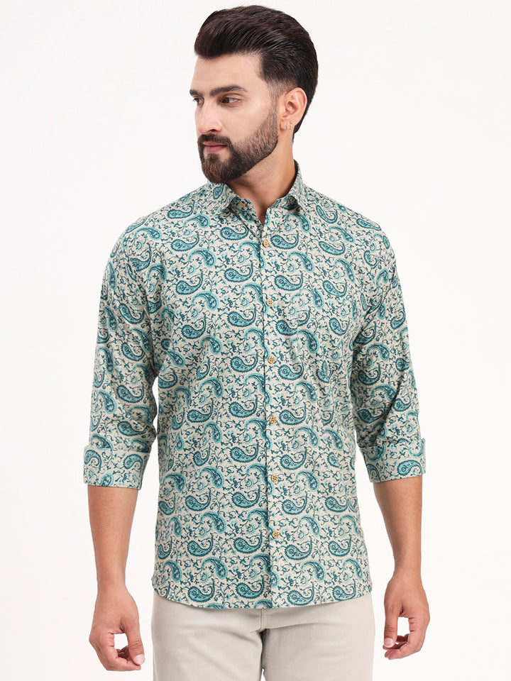 MILLENNIAL MEN Cream & Bottle Green Floral Printed Full Sleeves Shirt