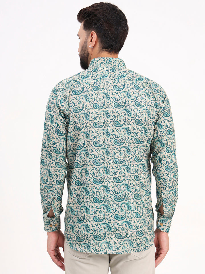 MILLENNIAL MEN Cream & Bottle Green Floral Printed Full Sleeves Shirt