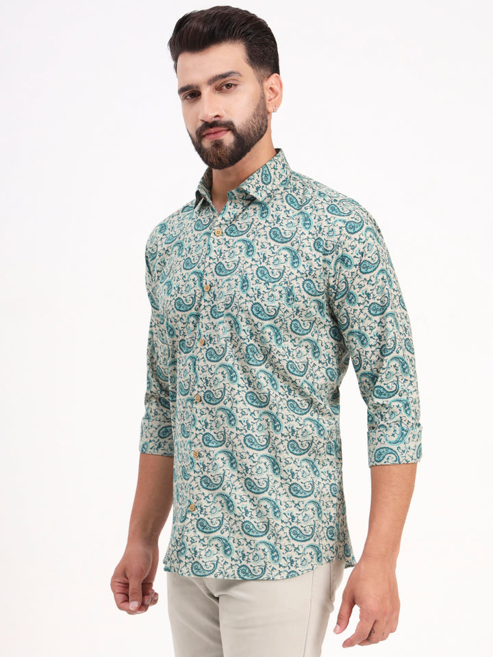 MILLENNIAL MEN Cream & Bottle Green Floral Printed Full Sleeves Shirt