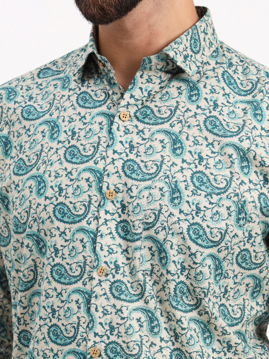 MILLENNIAL MEN Cream & Bottle Green Floral Printed Full Sleeves Shirt