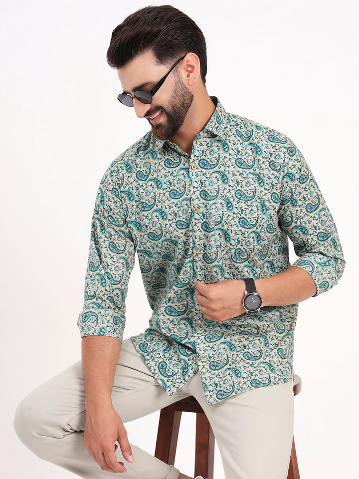MILLENNIAL MEN Cream & Bottle Green Floral Printed Full Sleeves Shirt