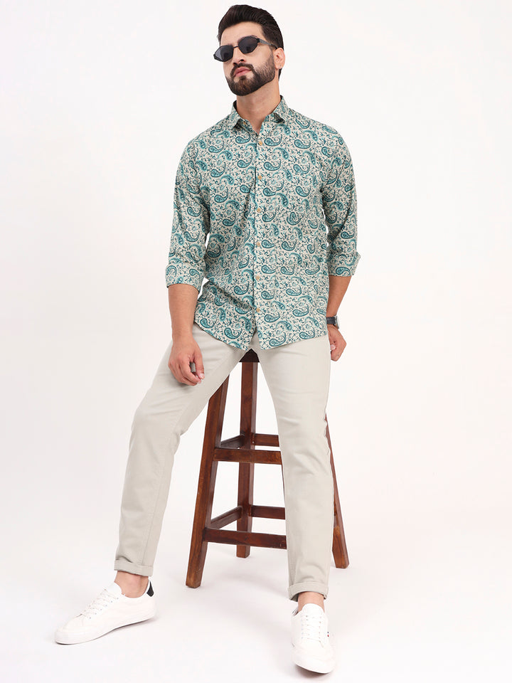 MILLENNIAL MEN Cream & Bottle Green Floral Printed Full Sleeves Shirt