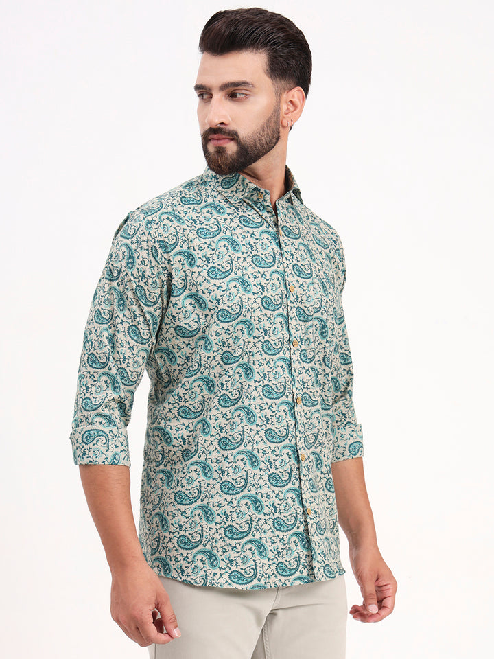 MILLENNIAL MEN Cream & Bottle Green Floral Printed Full Sleeves Shirt
