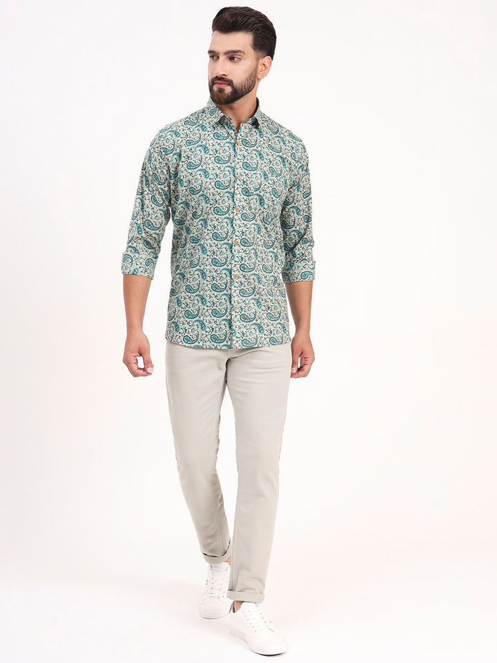 MILLENNIAL MEN Cream & Bottle Green Floral Printed Full Sleeves Shirt