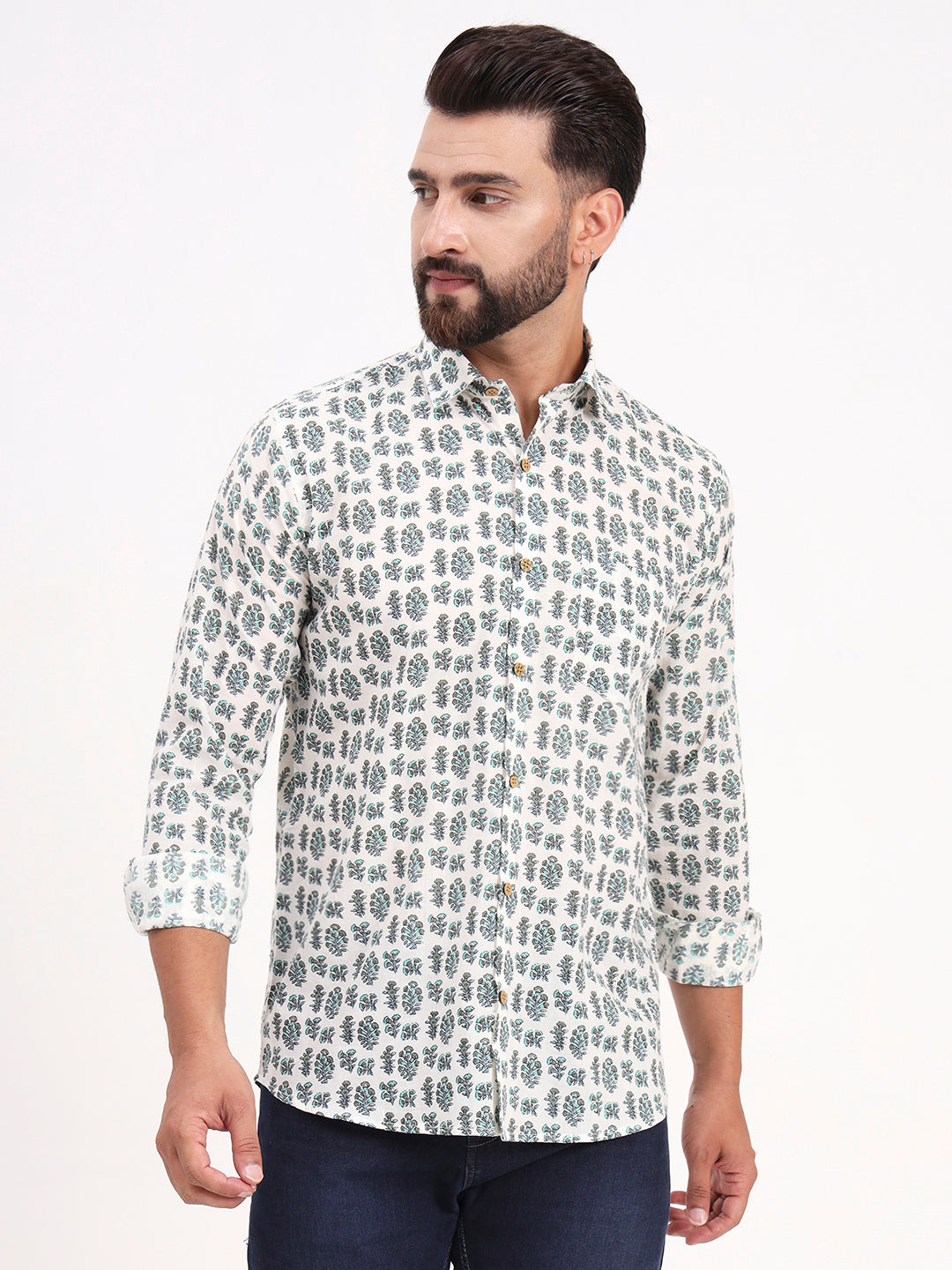 MILLENNIAL MEN White Floral Printed Full Sleeves Shirt