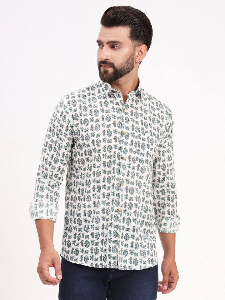 MILLENNIAL MEN White Floral Printed Full Sleeves Shirt