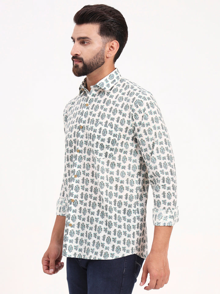 MILLENNIAL MEN White Floral Printed Full Sleeves Shirt