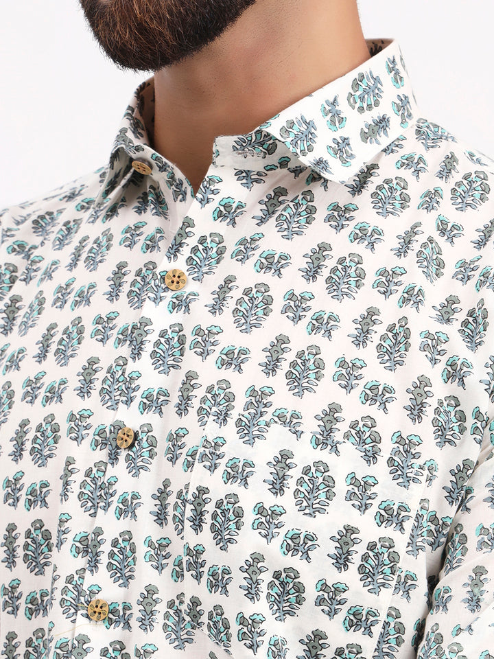 MILLENNIAL MEN White Floral Printed Full Sleeves Shirt