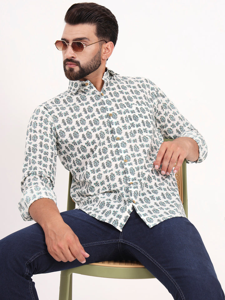 MILLENNIAL MEN White Floral Printed Full Sleeves Shirt