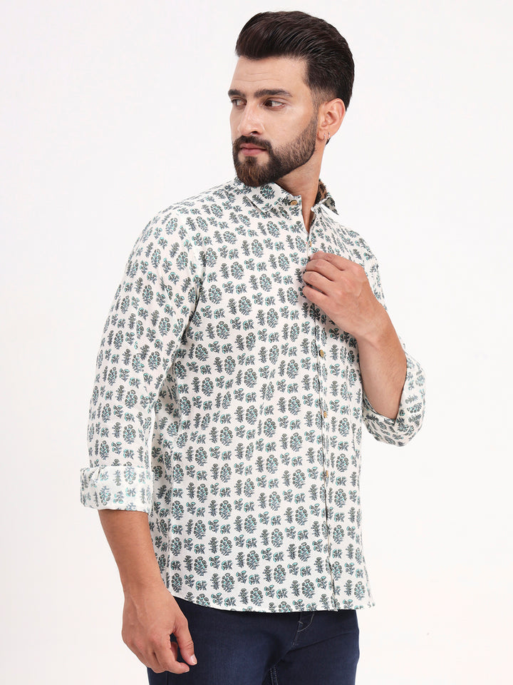 MILLENNIAL MEN White Floral Printed Full Sleeves Shirt