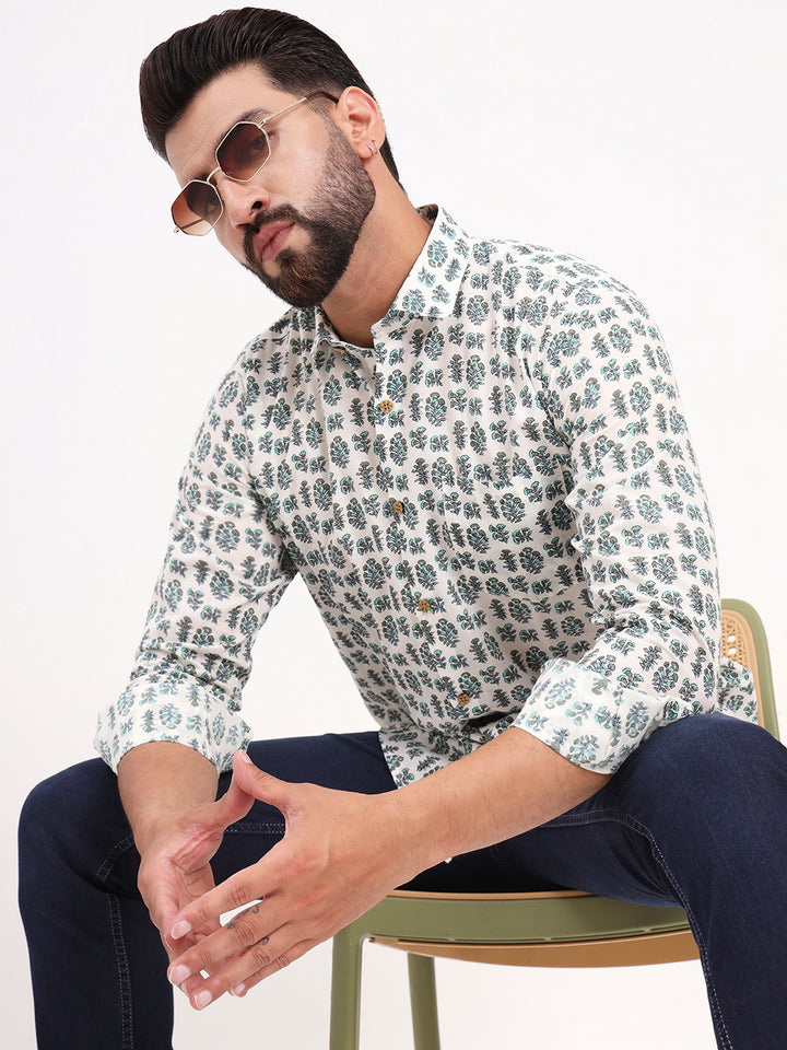 MILLENNIAL MEN White Floral Printed Full Sleeves Shirt