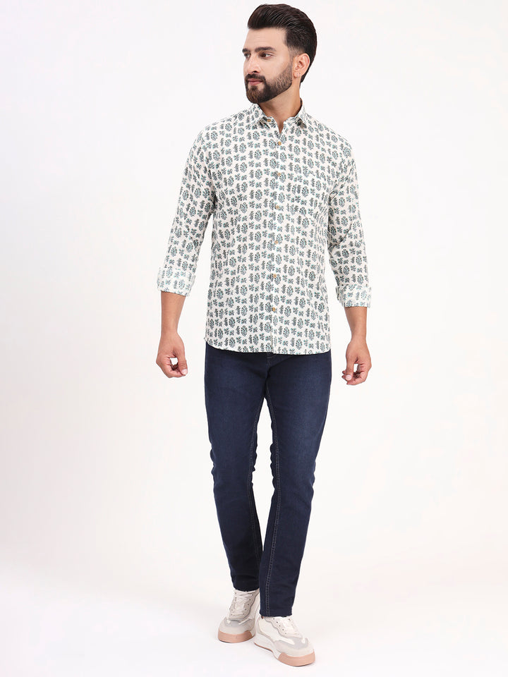 MILLENNIAL MEN White Floral Printed Full Sleeves Shirt