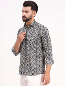 MILLENNIAL MEN Dark Blue Abstract Printed Full Sleeves Shirt