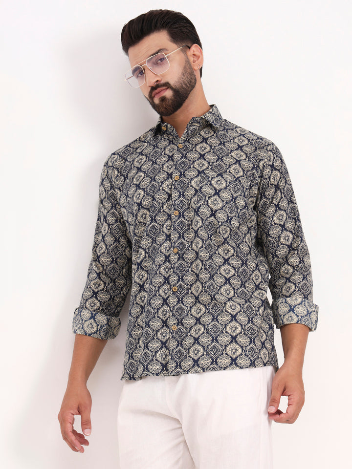 MILLENNIAL MEN Dark Blue Abstract Printed Full Sleeves Shirt