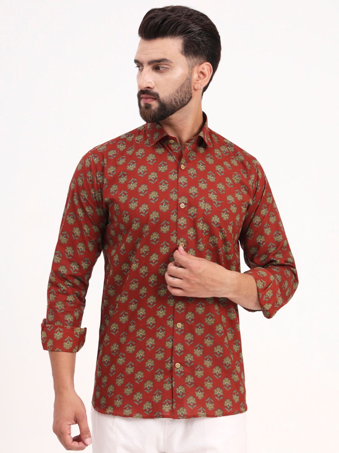 MILLENNIAL MEN Maroon Floral Printed Full Sleeves Shirt