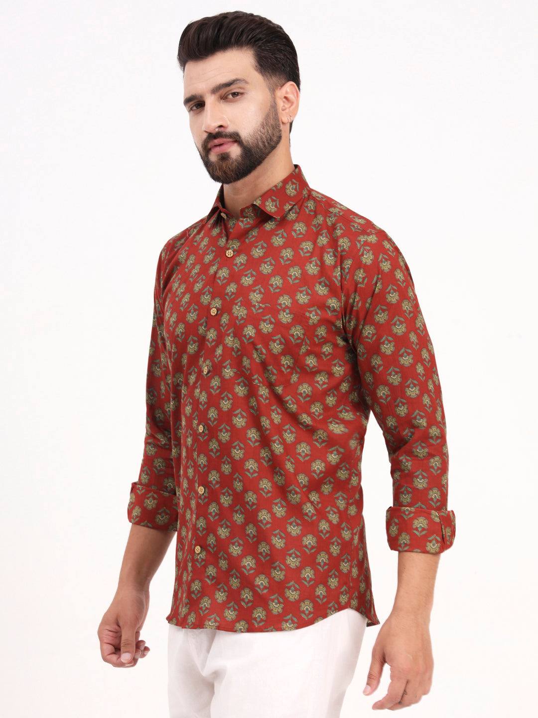 MILLENNIAL MEN Maroon Floral Printed Full Sleeves Shirt