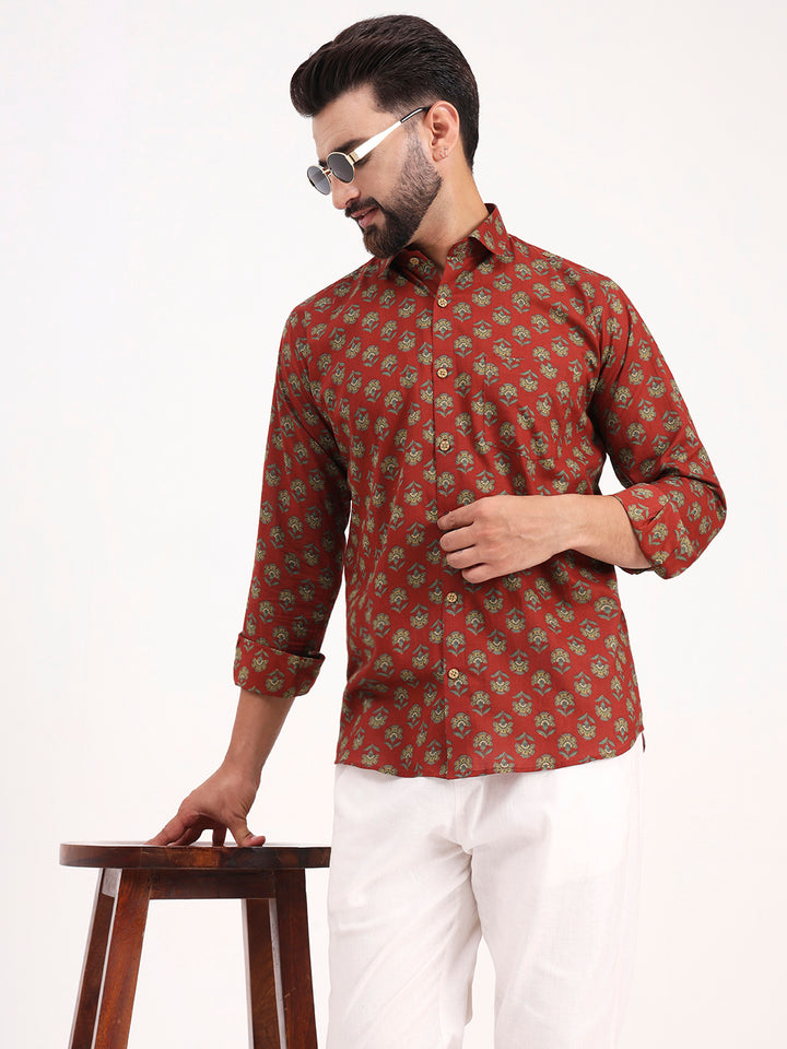 MILLENNIAL MEN Maroon Floral Printed Full Sleeves Shirt
