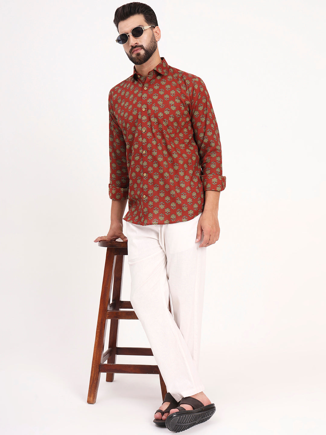 MILLENNIAL MEN Maroon Floral Printed Full Sleeves Shirt