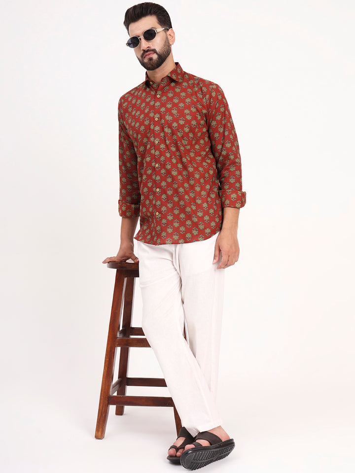 MILLENNIAL MEN Maroon Floral Printed Full Sleeves Shirt