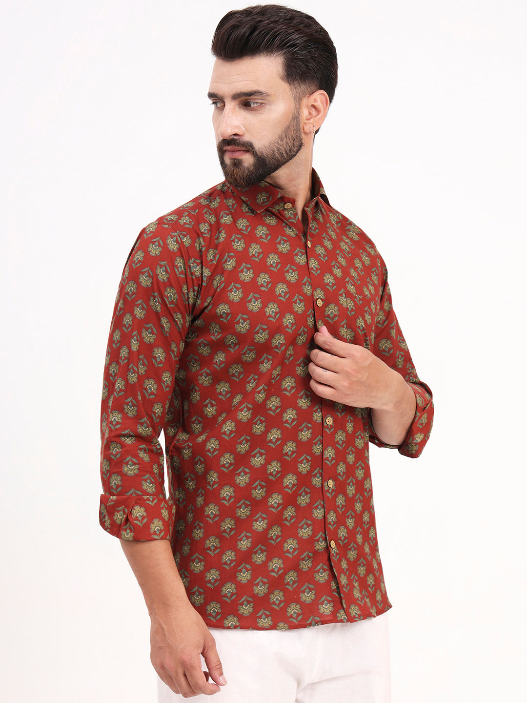 MILLENNIAL MEN Maroon Floral Printed Full Sleeves Shirt