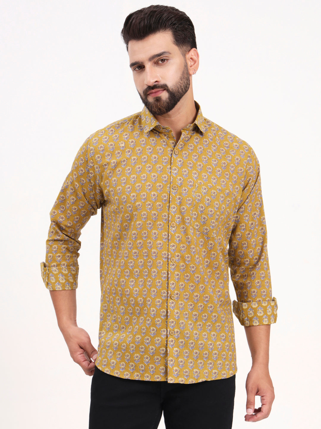 MILLENNIAL MEN Mustard Floral Printed Full Sleeves Shirt
