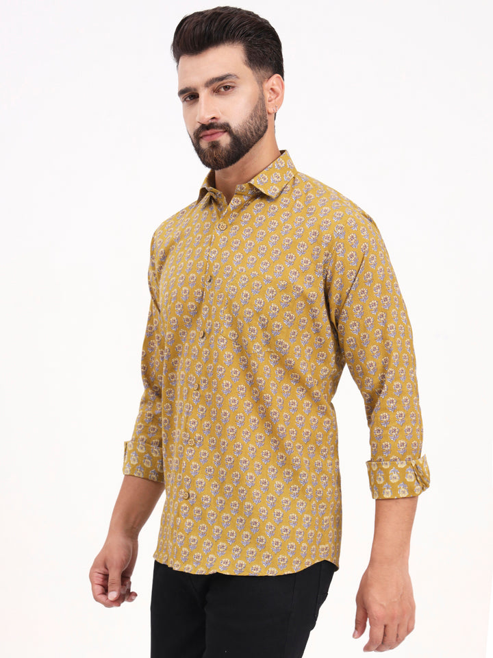 MILLENNIAL MEN Mustard Floral Printed Full Sleeves Shirt