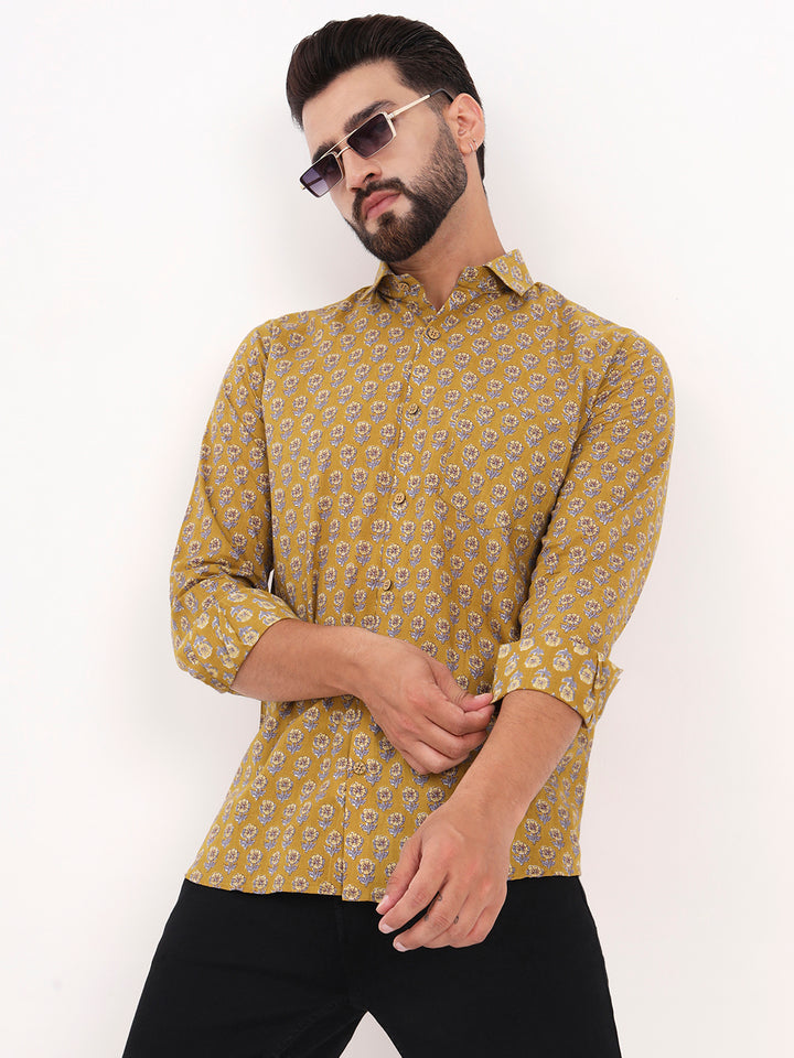 MILLENNIAL MEN Mustard Floral Printed Full Sleeves Shirt