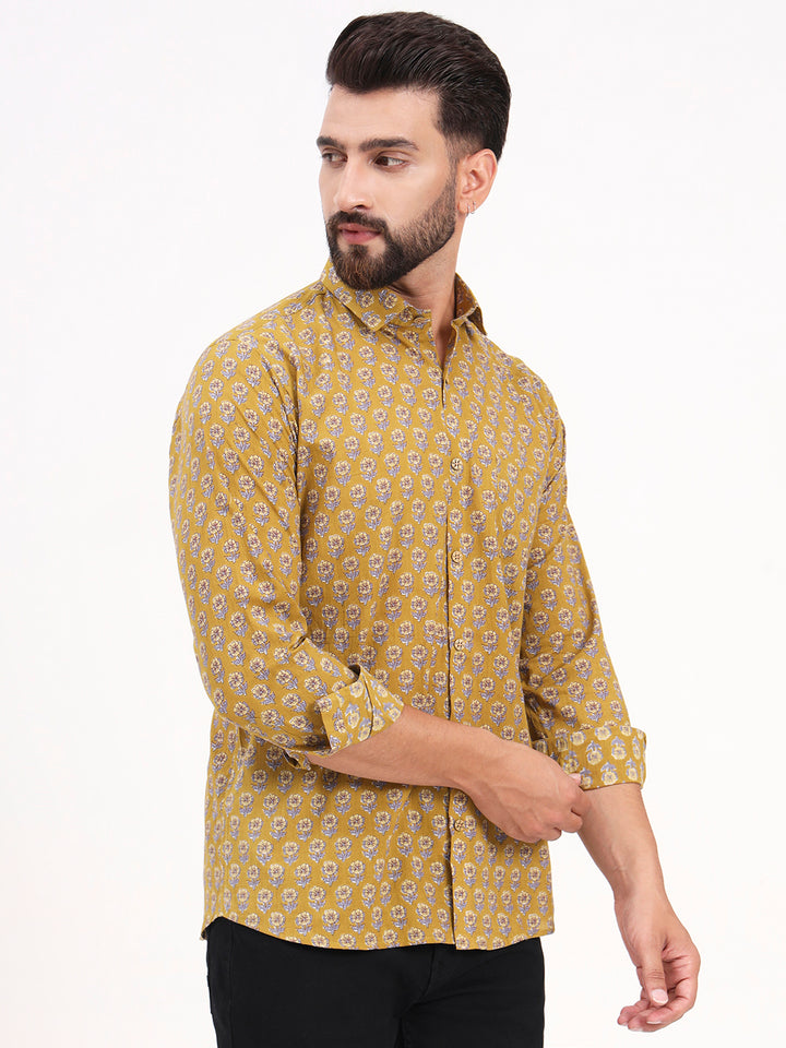 MILLENNIAL MEN Mustard Floral Printed Full Sleeves Shirt