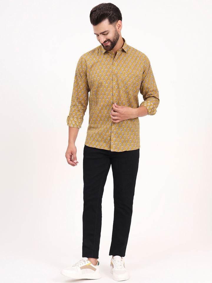 MILLENNIAL MEN Mustard Floral Printed Full Sleeves Shirt