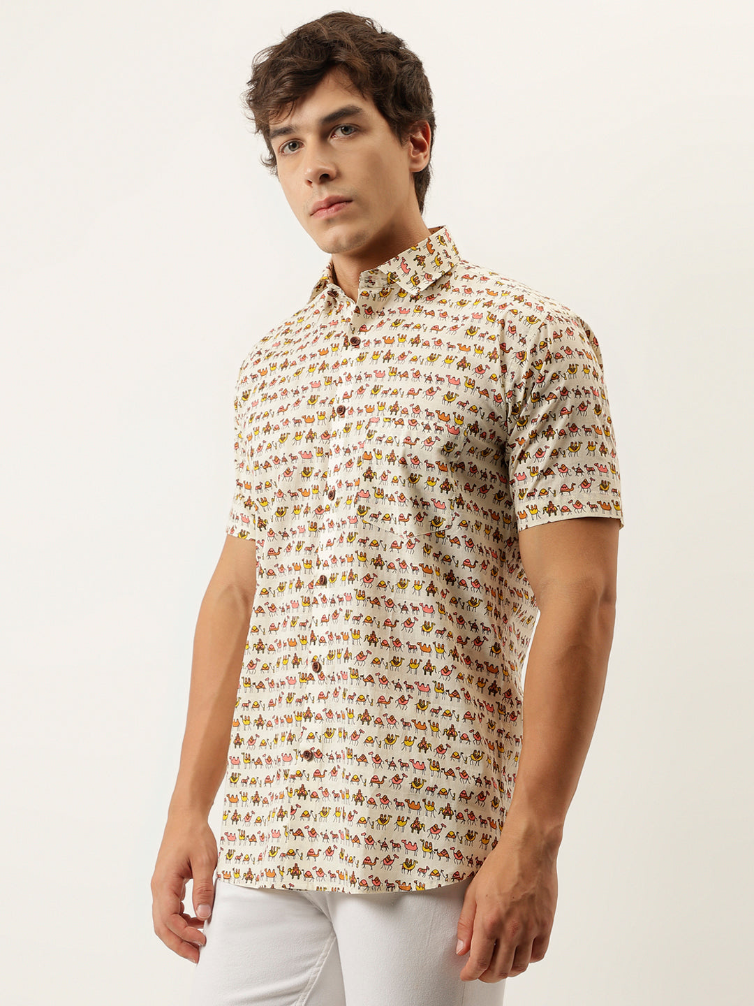 Millennial Men Cream Printed Cotton Half Sleeve Shirts