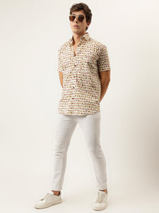 Millennial Men Cream Printed Cotton Half Sleeve Shirts