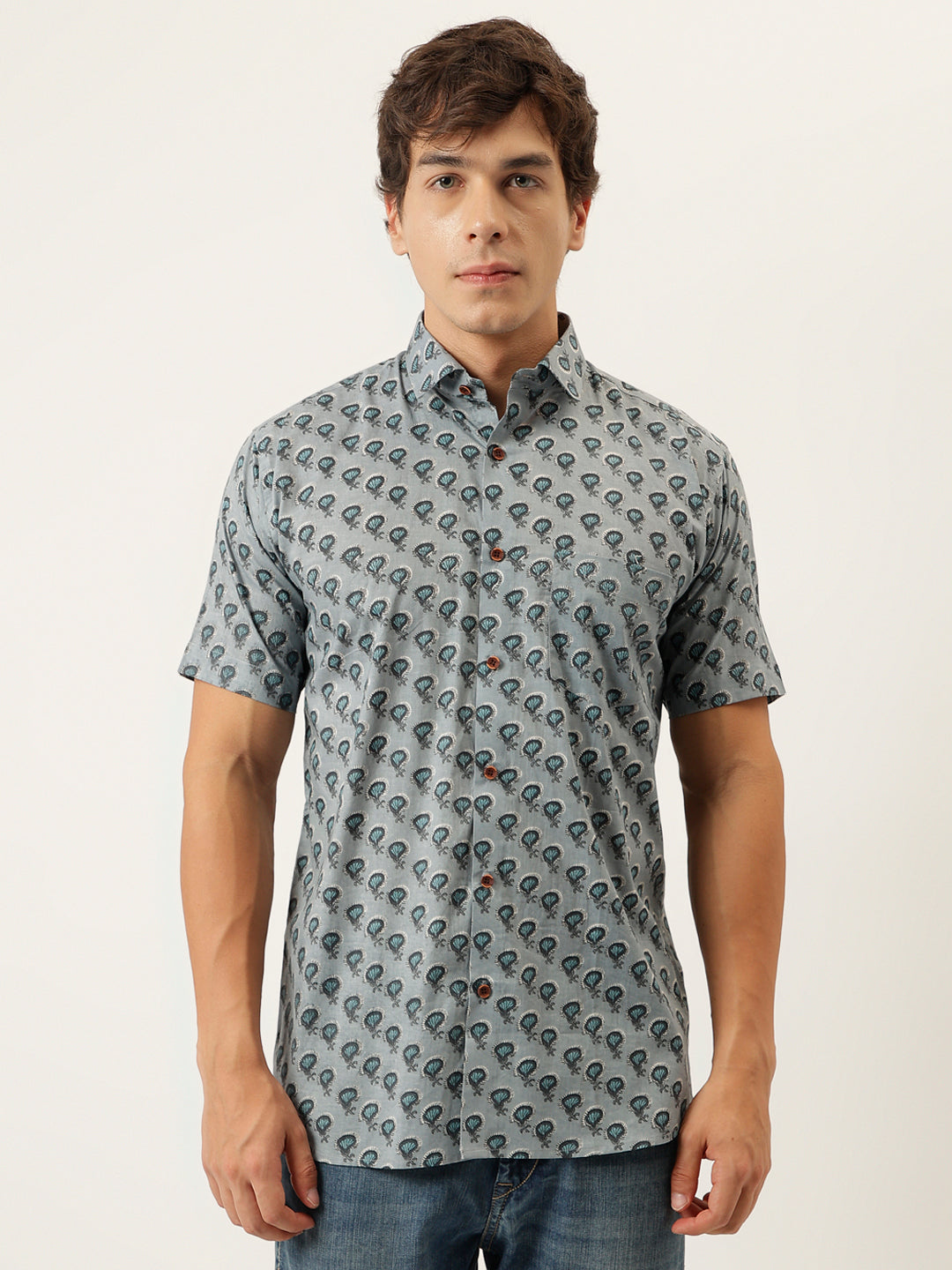 Sky Blue Printed Cotton Half Sleeve Shirts — view 1