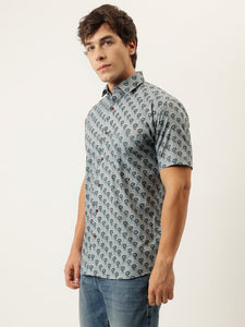 Millennial Men Sky Blue Printed Cotton Half Sleeve Shirts