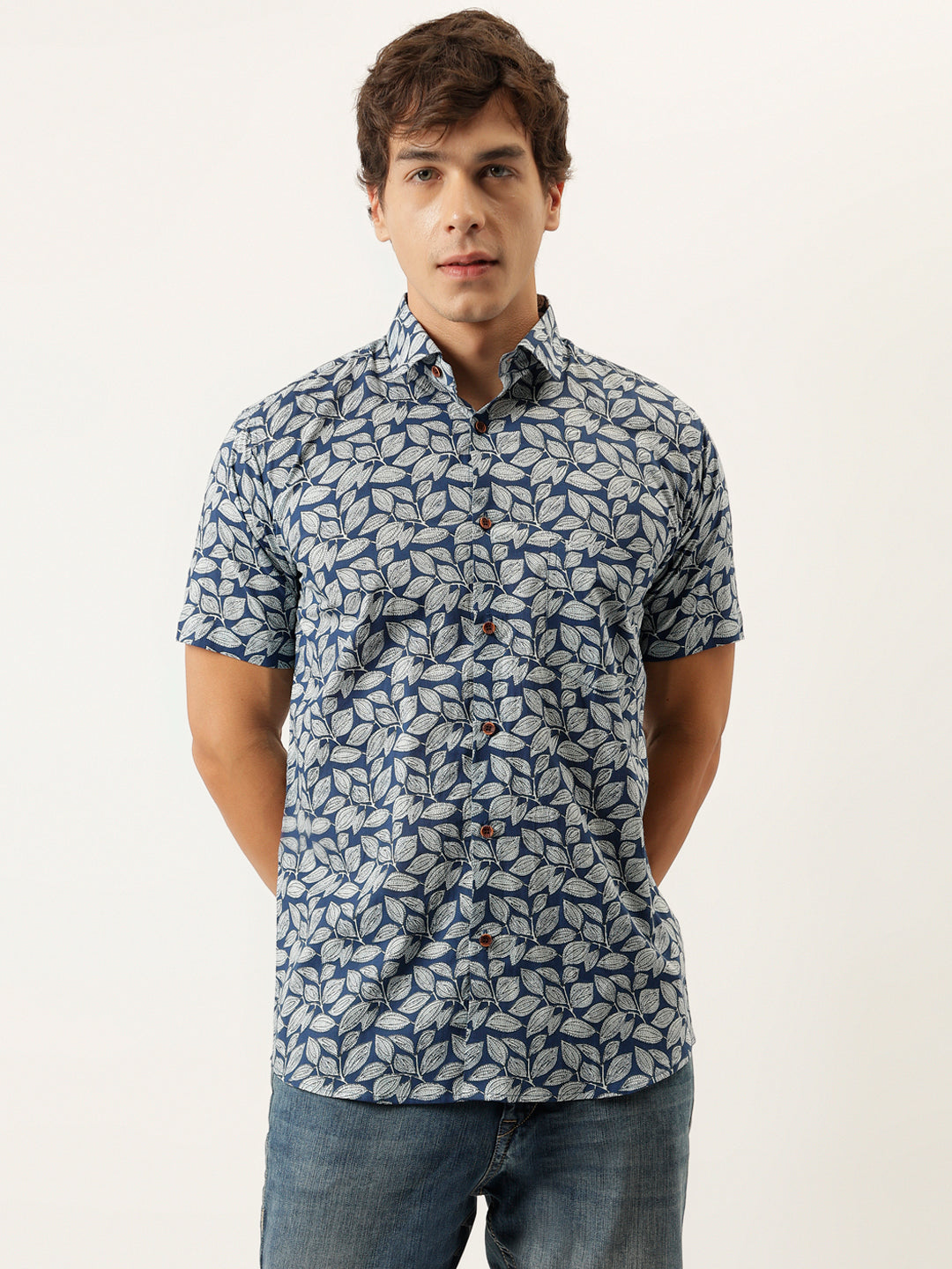 Blue Printed Cotton Half Sleeve Shirts — view 1