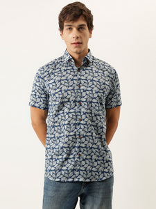 Millennial Men Blue Printed Cotton Half Sleeve Shirts