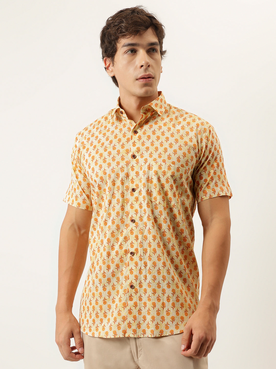 Yellow Printed Cotton Half Sleeve Shirts — view 1