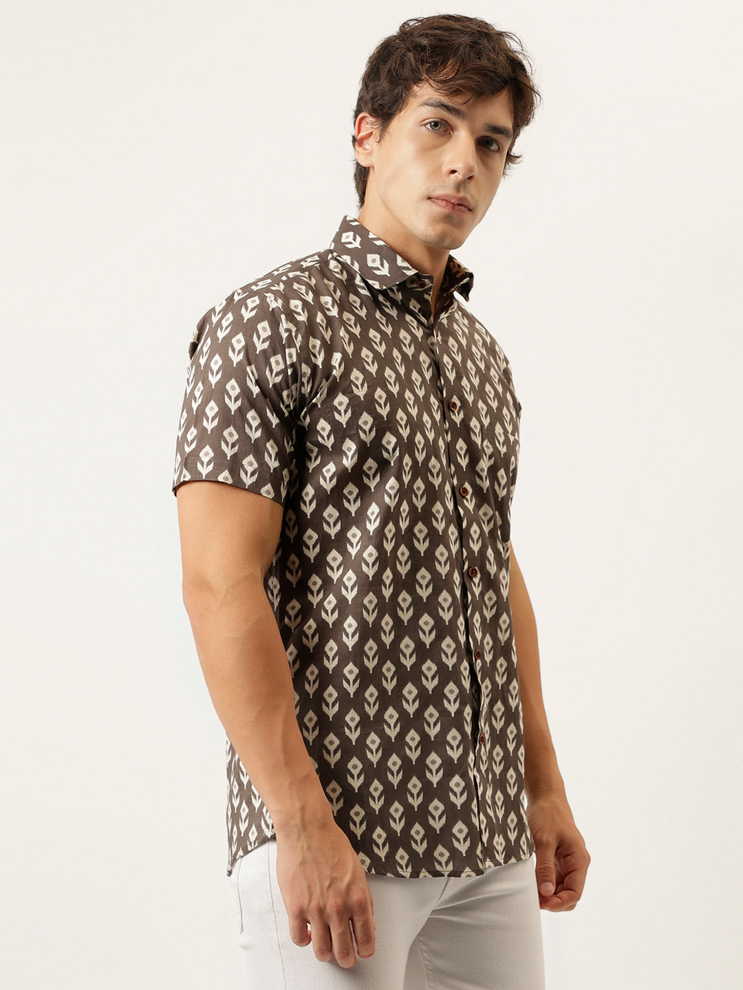 Millennial Men Brown Printed Cotton Half Sleeve Shirts