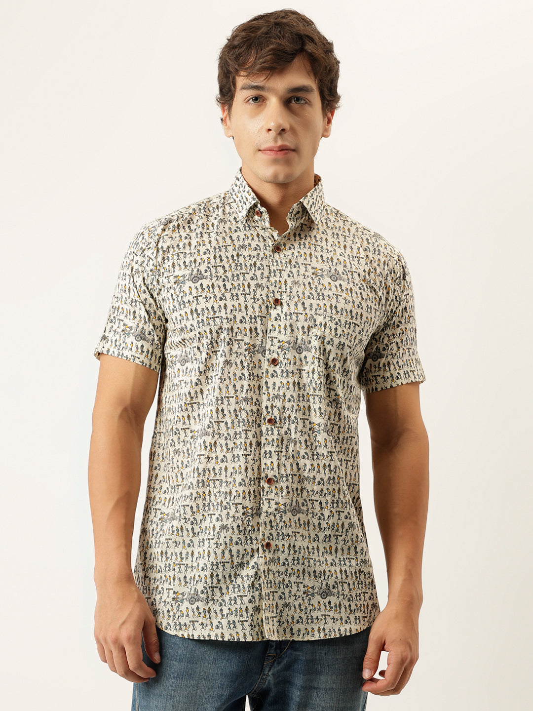 White Printed Cotton Half Sleeve Shirts — view 1