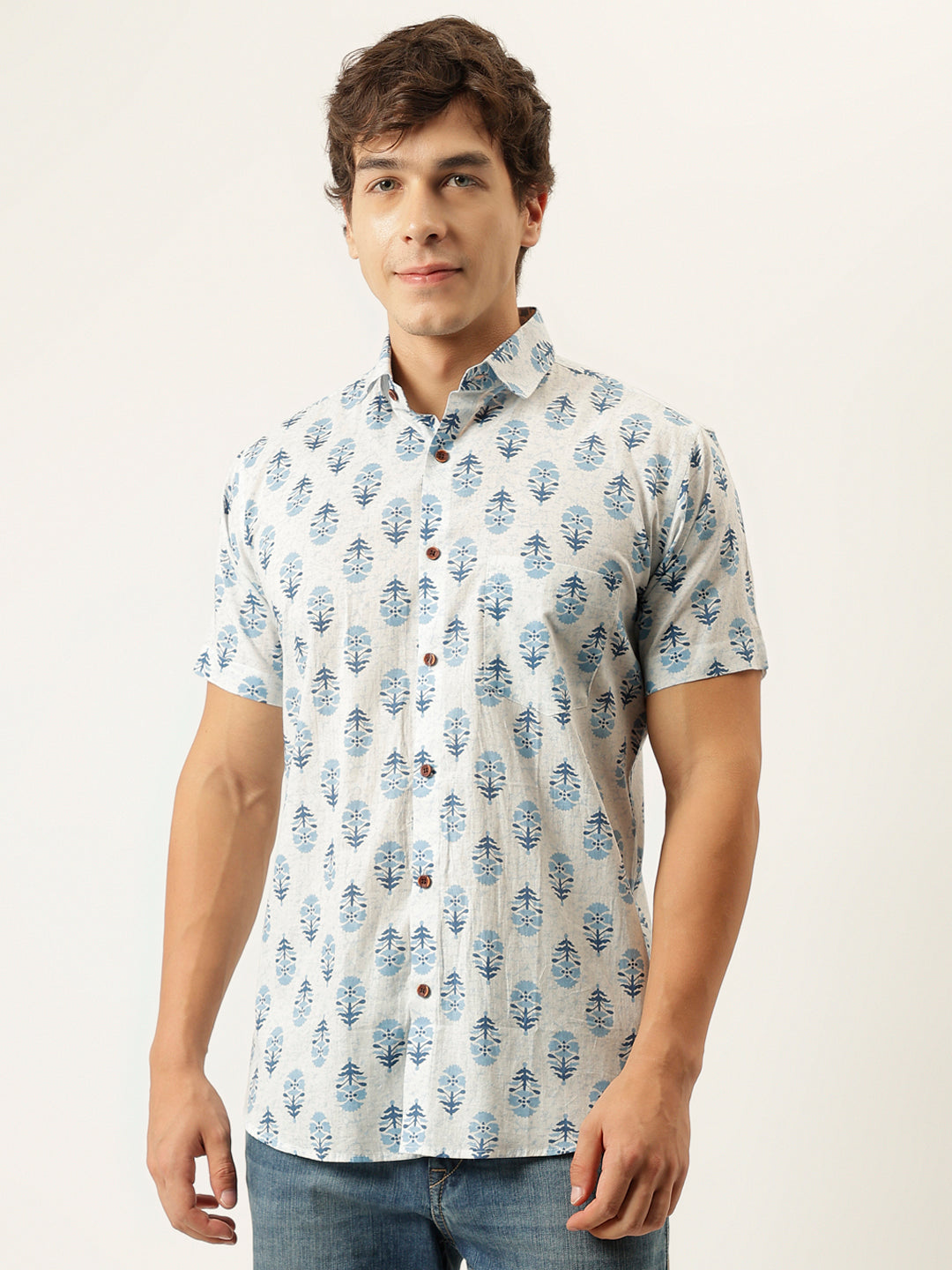 Blue White Printed Cotton Half Sleeve Shirts — view 1