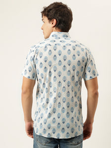 Millennial Men Blue White Printed Cotton Half Sleeve Shirts